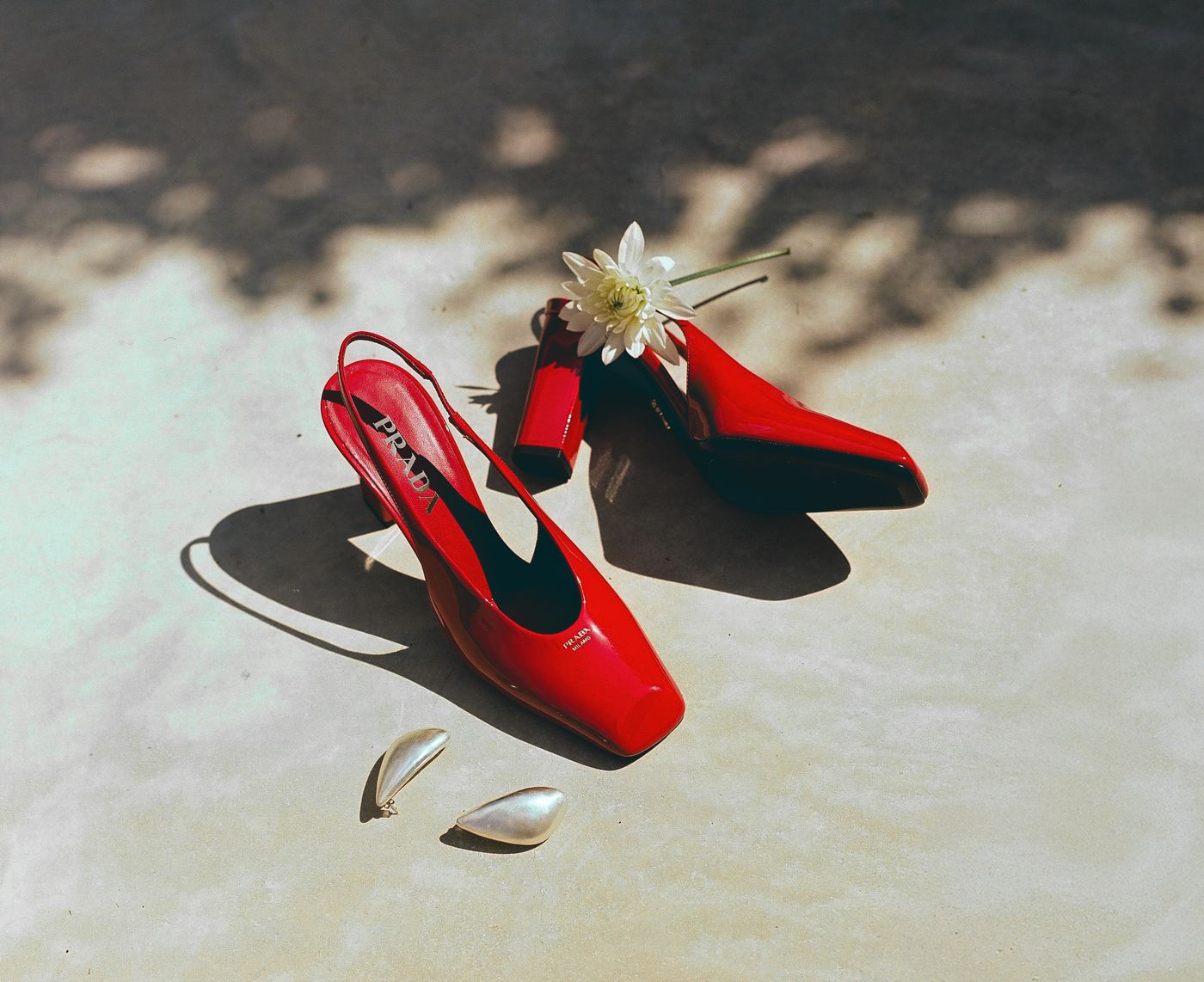 Red shoes and a white flower
